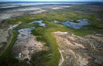 Aerial view of Qingtu Lake in NW China's Gansu