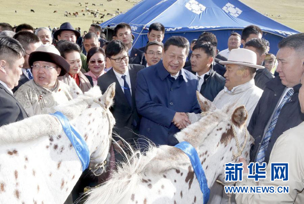 8月22日，國家主席習(xí)近平在蒙古國總統(tǒng)額勒貝格道爾吉陪同下前往烏蘭巴托市郊觀看那達(dá)慕。額勒貝格道爾吉向習(xí)近平夫婦贈送兩匹蒙古馬。習(xí)近平為兩匹馬分別取名阿爾泰和克魯倫，寓意中蒙兩國山水相連、睦鄰友好。新華社記者 鞠鵬 攝